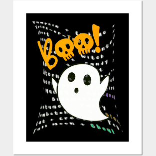 A white ghost on the background of Halloween inscriptions Posters and Art
